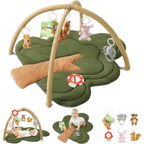Baby Play Gym Mat, Woodland Tree-Shaped Tummy Time Mat with 6 Detachable Toys, Thick & Plush Play Mat for Babies 0-6 Months, Baby Activity Mat, Newborn Infant Baby Essentials Gift
