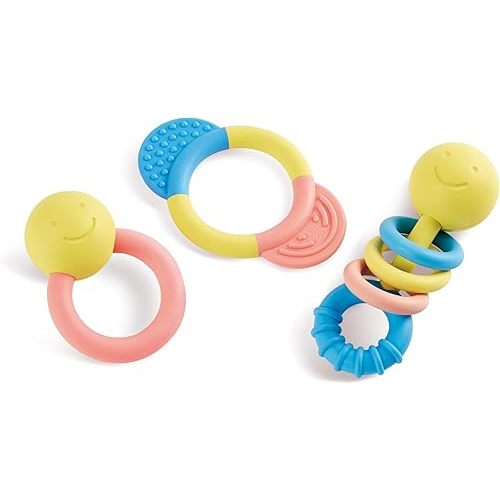 Hape Rattle & Teether Collection | 3-Piece Rattle & Teething Set for Babies, Soft Colors