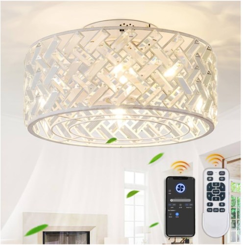 18 Inch Caged Ceiling Fan with Light, Low Profile Crystal Fandelier with Remote & App Control for Low Ceilings Flush Mount Installation Indoor, Bulb Included White