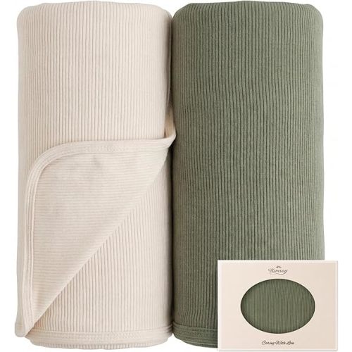 Konssy Ribbed Knit Baby Blankets 2 Pack, Stretchy Lightweight Swaddle Blanket for Boys & Girls, Soft Cozy Receiving Wrap for Newborns, Infants, & Toddlers, 33x42 Inch