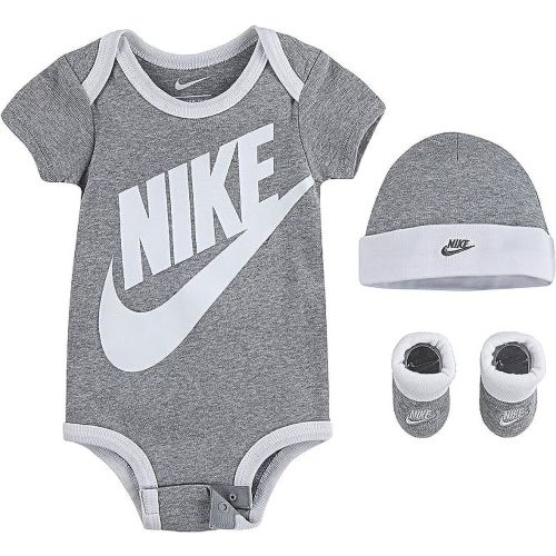 Nike 3 pc Infant Layette Set Bodysuit, Hat, Booties in Grey/White, 6-12 Months