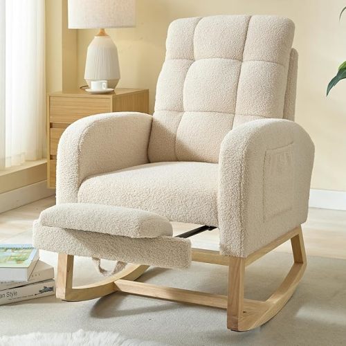 NIOIIKIT Modern Nursery Rocking Chair, Teddy Upholstered Rocking Chair with Footrest, Comfortable Rocker Recliner with Side Pocket, Rocker Glider for Living Room, Bedroom, Nursing Room (Apricot)