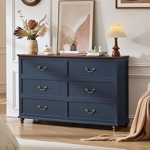Joaxswe Farmhouse 6 Drawers Dresser for Bedroom, Vintage 54" Wide Chest of Drawers w/ 4 Wooden Legs, Rustic Large Closet Storage Dressers Organizer for Hallway, Wood TV Stand for Living Room, Blue