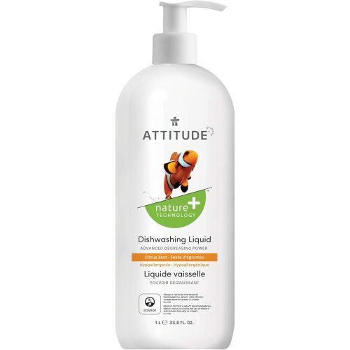 ATTITUDE Dishwashing Liquid, EWG Verified, Vegan Dish Soap, Plant Based, Naturally Derived Products, Citrus Zest, 33.8 Fl Oz
