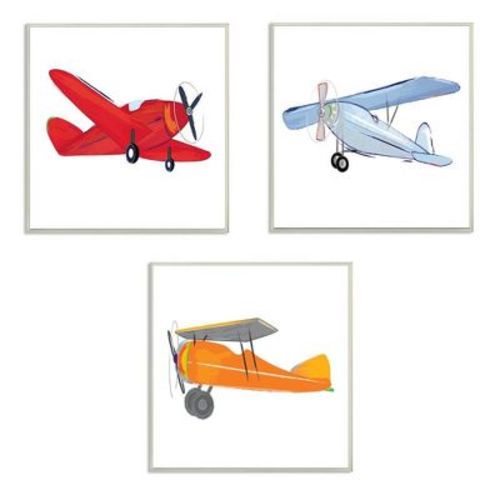 3pc 12"x0.5"x12" Triple Colorful Airplanes Drawing Kids' Wall Plaque Art Set - Stupell Industries: Modern Kids Frame Decor