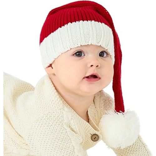 Baby Santa Hat Christmas Hat for Baby Toddler Infant Santa Hat Newborn Washable Fade-restant Knitted Santa Hat Soft Warm Long for New Year Festive Holiday Party Indoor Outdoor Winter Red