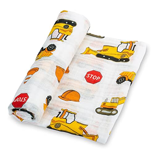 LollyBanks Muslin Swaddle Blanket, 100% Muslin Cotton Baby Blankets for Boys, 47 X 47 Inches Newborn Receiving Blanket, Swaddles for Newborns Baby Boy, Registry (Fun Construction Theme Print)