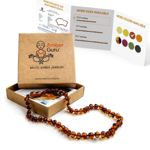 Baltic Amber Necklace (Authentic, Certified) - 12.5 inches - Unisex Jewelry - Cognac (Polished) - Real Amber Beads - Proud to Deliver Genuine Baltic Sea Wonder Handcrafted by Amber Guru
