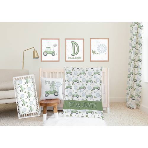 Boy Crib Bedding Sets, Gifts For Baby Boy Shower, Farm Nursery Decor, Tractor Crib Sheet, Personalized Baby Blankets, Green Tractor Nursery