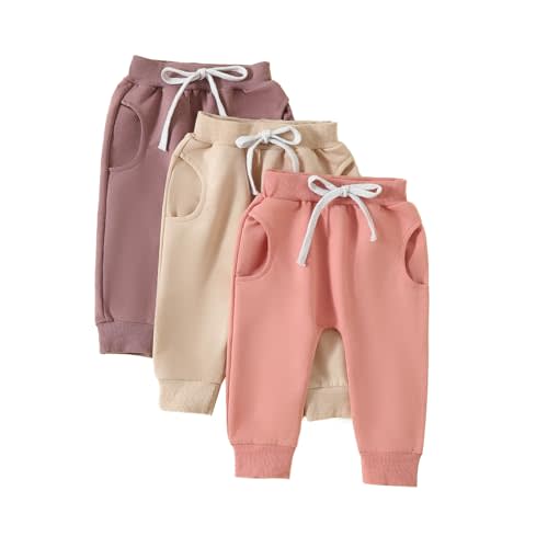 Pivanzore Toddler Baby Boys Girls Sweatpants 3 Pack Solid Color Elastic Waist Bottom Pants Newborn Infant Trousers