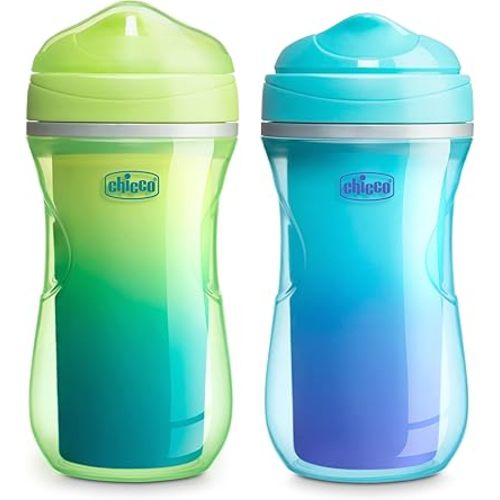 Chicco Double-Wall Insulated Sippy Cup with Bite-Proof Rim Spout and Spill-Free Lid 9oz. | Top-Rack Dishwasher Safe | Easy to Hold Ergonomic Indents | Green/Teal Ombre, 2pk | 12+ Months