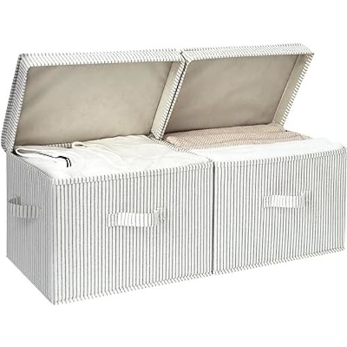 StorageWorks Decorative Storage Boxes, Storage Basket with Lid and Handles, Gray and White Stripes, Large, 2-Pack