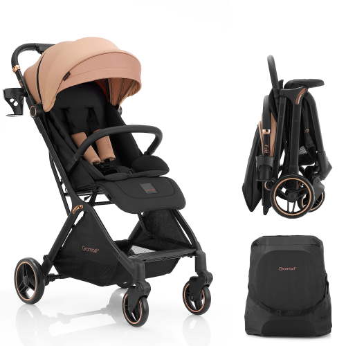 Gravity Folding Baby Stroller - Portable Toddler Stroller w/Adjustable Backrest & Canopy, Lightweight and UV Protected Travel Stroller, One-Hand Automatic Folding - Khaki