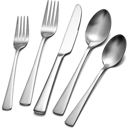 KINGSTONE 30-Piece Silverware Set, 18/10 Stainless Steel Flatware Set for 6, Matte Satin Finish Forged Cutlery Set Dishwasher Safe