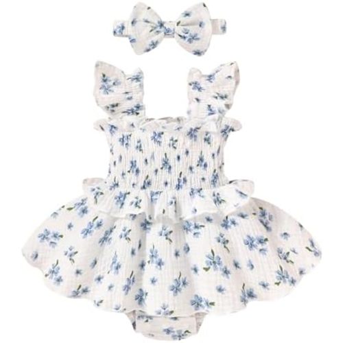 YOUNGER TREE Baby Girl Clothes Ruffle Romper Boho Dress Summer Cake Smash Outfits Infant Bodysuit with Headband