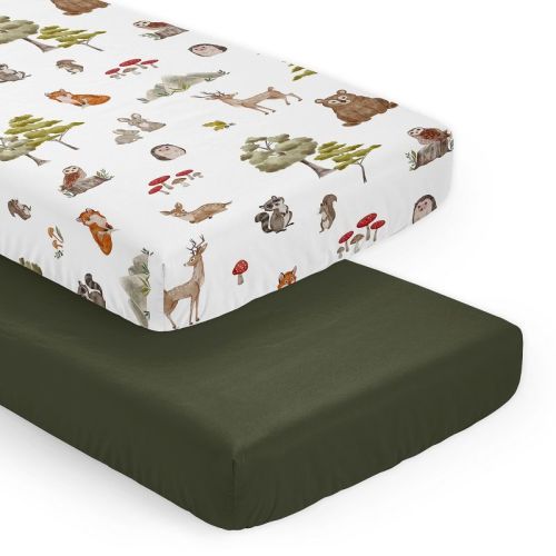 Sweet Jojo Designs Boy Girl Gender Neutral Unisex Fitted Crib Sheets Set Watercolor Woodland Forest Animals Green Brown White 2pc