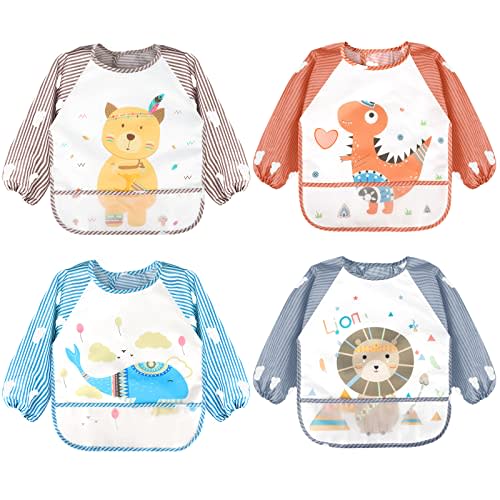 Accmor 4 Pack Long Sleeve Baby Bibs, Waterproof Sleeved Bibs for Eating Feeding, Toddler Baby Girls Boys Smock Bibs