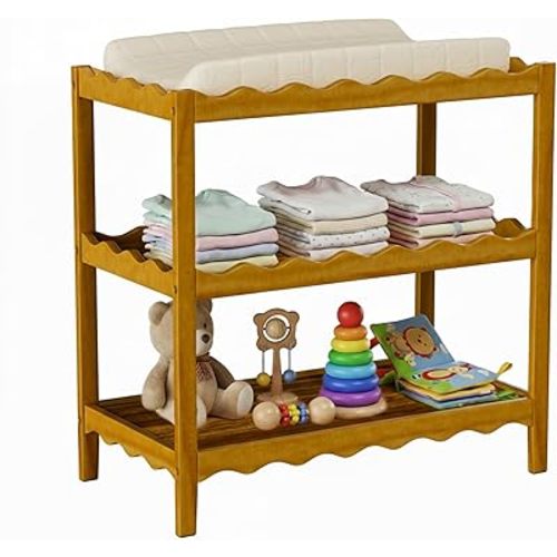 Baby Changing Table, Portable Changing Table, Compact and Lightweight, Solid New Zealand Pinewood, Two Storage Wave-Shaped Shelves, Nursery Organizer, Dark Wood