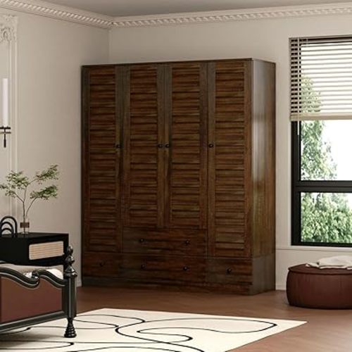 MOUMON 4 Shutter Door Wardrobe Armoire Closet with Shelves and Drawers, Armoire Wardrobe Closet with 2 Hanging Rods, for Bedroom Brown (59”W x 19”D x 70.9”H)
