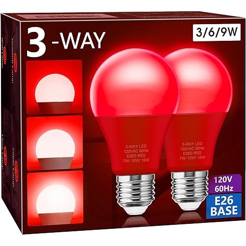 Briignite 3 Way Red Light Bulbs, 3 Way LED Light Bulbs 30 70 100W Equivalent, Red 3 Way Light Bulbs, Three Way A19 Light Bulbs E26 Medium Base, Christmas Light Bulbs, 2Pack