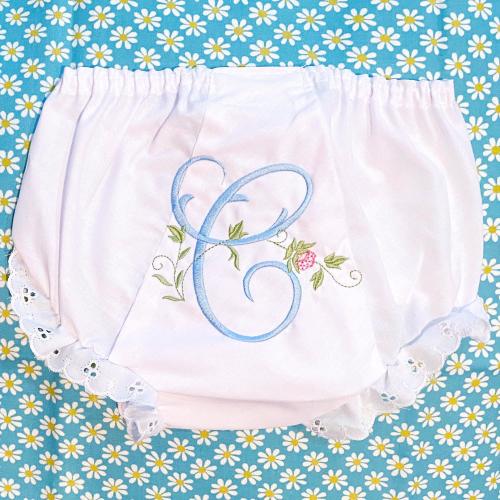 Vintage Floral Monogram Bloomer, Personalized Baby Girl Diaper Cover, Eyelet Double Seat
