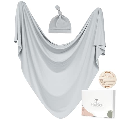 MairMore Baby Swaddle Receiving Blankets with Matching Beanie Set Newborn Nursery Swaddle Wrap for Baby Girls and Boys (Grey)