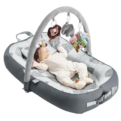 Portable Baby Lounger with 4 Toys,Infant Lounger with Fitness Rack,Co Sleeping Breathable & Soft 100% Cotton Newborn Lounger Machine-Washable (Baby Lounger with Fitness Rack)
