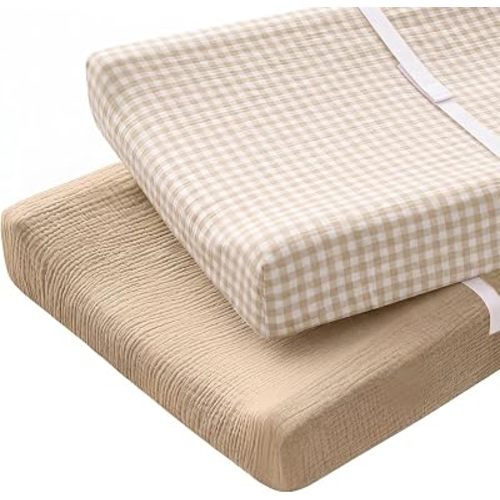 Breling 2 Pack Muslin Changing Pad Covers for Boys Girls, Soft Breathable Cotton Baby Diaper Change Covers for Dresser or Table, Neutral Nursery Diaper Changing Pad Sheets, Khaki Plaid and Solid Khaki
