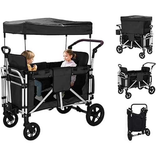 Stroller Wagon for 2 Kids, Wagon Cart Featuring 2 High Seat with 5-Point Harnesses and Adjustable Canopy, Foldable Push-Pull Rod Wagon Stroller for Garden, Stroller, Camping, Grocery Cart (Black-g)