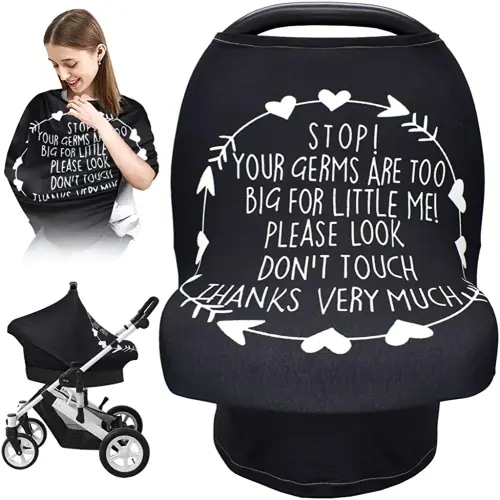 Car Seat Covers for Babies, Nursing Breastfeeding Cover Infant Carseat Canopy, Soft Stretchy Carrier Cover for Stroller High Chair Shopping Cart, Newborn Boy Girl Shower Gift - Stop No Touching Sign