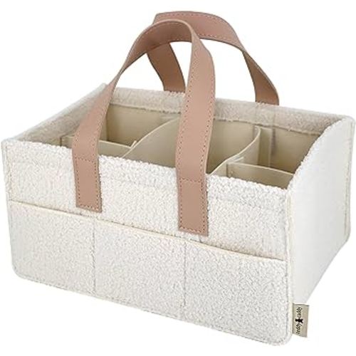 Teddy Sherpa Diaper Caddy - Beige Baby Nursery Organizer for Diapers and Baby Essentials, Neutral Nursery, Baby Registry Must Have, Portable Diaper Storage Basket