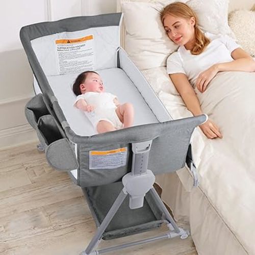 BIERUM Baby Bassinet, Bedside Sleeper for Baby, 7 Height Adjustable Bedside Bassinet with Wheels, Easy to Assemble Portable Bedside Crib with Large Storage Bag for Newborn/Infant, Mattress Included