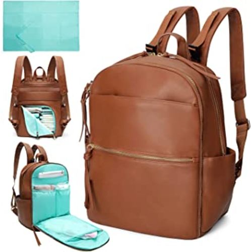 MOMINSIDE Diaper Bag Backpack with 6 Insulated Pockets, Leather Baby Bag for Mom Dad, Baby Registry, 18 Pockets, Changing Pad, Stroller Straps, Wet Dry Bag (Brown)