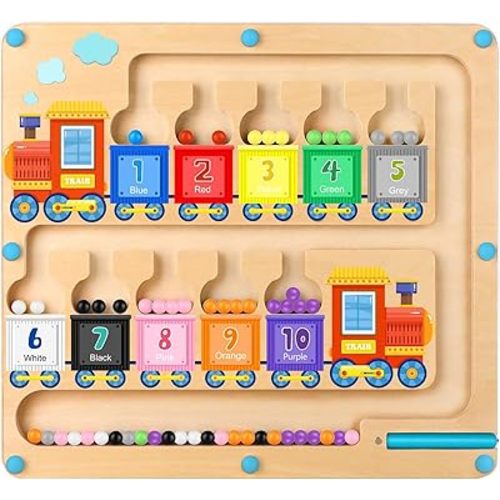 Magnetic Color and Number Maze,Montessori Toys for 2-5 Years Old Boys,Wooden Magnet Balls Puzzles,Toddler Busy Board,Preschool Learning Activities,Christmas & Birthday Gift for Kids