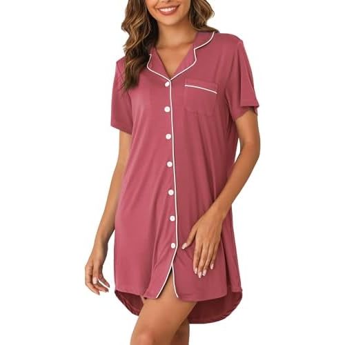 Women's Nightgown Short Sleeve Pajama Dress Soft Button Down Sleep Shirts Comfy Boyfriend Nightdress S-XXL
