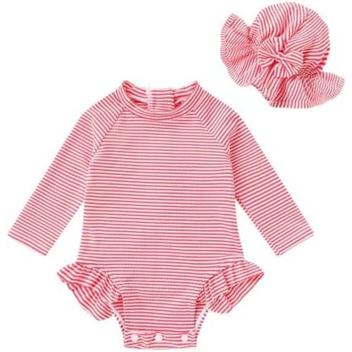Infant Baby Girl Swimsuit One-Piece Long Sleeve Rash Guard with Hat Set Floral Zipper Bathing Suit Leopard Beach Wear