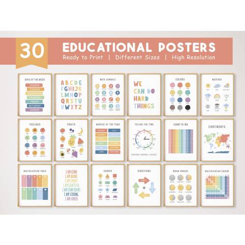 30 Educational Posters, Montessori Classroom Decor, Homeschool Printable, Boho Rainbow Kids Decor, ABC Poster, DIGITAL DOWNLOAD