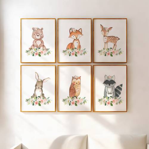 Woodland Nursery Wall Art, Girl Woodland Nursery Decor, Floral Woodland Nursery, Blush Flowers Animal Wall Art, Baby Shower Gift
