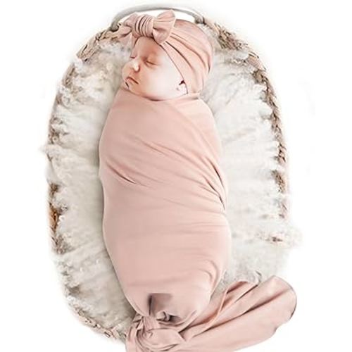 Konssy Baby Girl Newborn Receiving Blanket with Headband Set Baby Swaddle Nursery Swaddle Wrap(Millenial Pink)