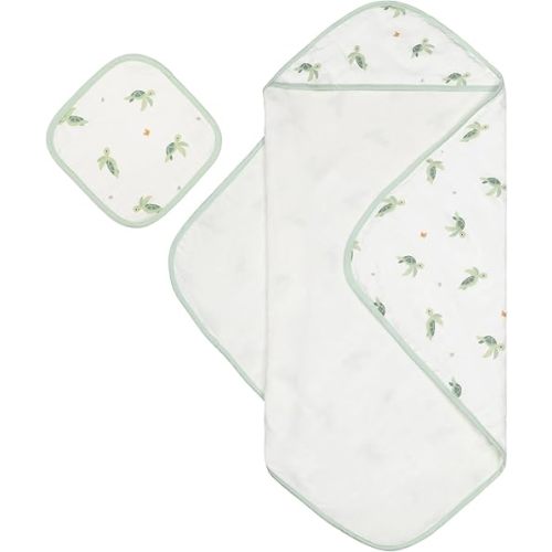 Bamboo Viscose Baby Hooded Towel & Washcloth Set for Babies and Toddlers, Soft & Absorbent, 70% Viscose from Bamboo, 30% Cotton Muslin - Imported (Turtle)
