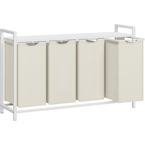 VASAGLE Laundry Hamper, Laundry Basket, Laundry Sorter with 4 Pull-Out and Removable Bags, Shelf, Metal Frame, 4 x 10.6 Gallons (40 L), 45.7 x 13 x 28.4 Inches, Cream White and Cloud White UBLH401W01