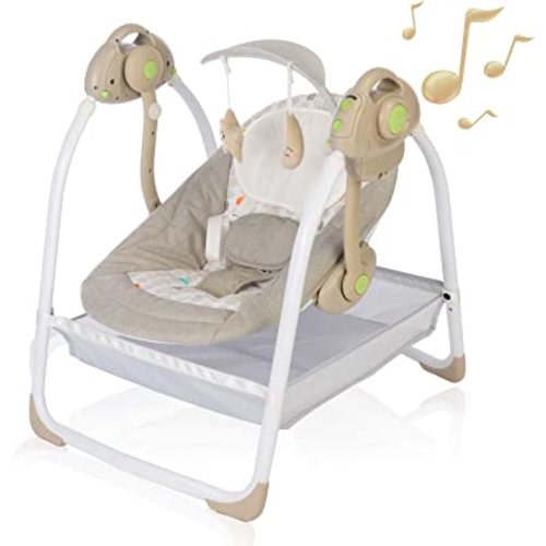 Baby Swings for Infants to Toddler, Compact Baby Swing with 6 Motions, Portable Swing with Music, Sounds, Timing, Baby Rocker with 2 Toys, Plush Seat & Soft Head Support, Machine Washable (Khaki)