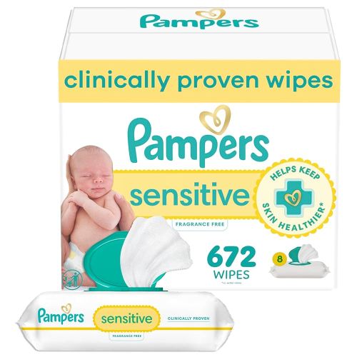 Pampers Baby Wipes, Sensitive, Water Based Wipe, Clinically Proven, Hypoallergenic, and Unscented for Babies, 672 Wipes Total (8 Flip-Top Packs) [Packaging May Vary]
