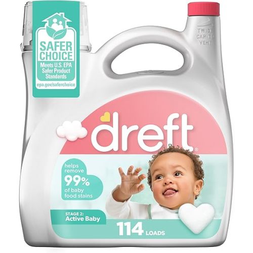 Dreft Stage 2 Active Baby Liquid Laundry Detergent, Hypoallergenic, Helps Remove 99% of Baby Food Stains, 114 Loads, Baby Laundry Detergent, Newborn Essentials