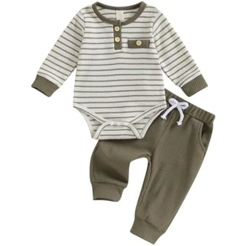 Kuriozud Newborn Baby Boy Clothes Button Long Sleeve Romper Bodysuit Pants Set Infant Soft Waffle Fall Winter Outfit