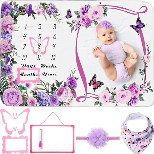 Chumia 6 Pcs Baby Monthly Milestone Blanket for Girl 60" x 40" Butterfly Milestone Blanket Age Photo Photography Backdrop with Newborn Calendar Growth Chart Bib Headband(Purple,Floral Pattern)