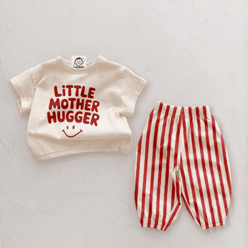 LITTLE MOTHER HUGGER Slogan T-Shirt and Stripe Pants Set