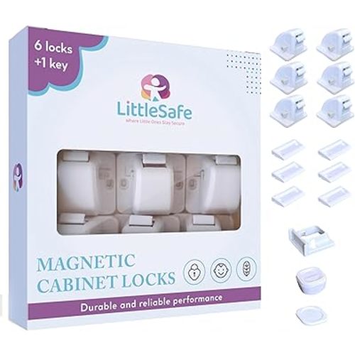 Magnetic Cabinet Locks Baby Proofing - (6 Locks + 1 Key) LittleSafe Child Safety Latches for Cupboards and Drawers - Easy Adhesive Installation with Optional Screws