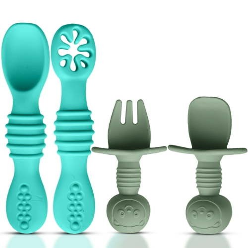 HippoBaby 4pc Silicone Self feeding baby utensils 6-12 months, 3 baby spoon, 1 baby fork, Toddler Utensils, Baby eating essentials (Blue/Green)