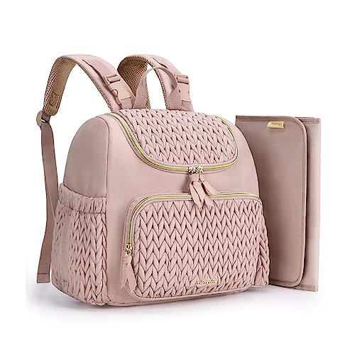 mommore Diaper Bag Backpack, Stylish Travel Baby Bag with Insulated Pockets, Changing Pad and Stroller Straps for Toddler (S-Pink, Small-17L)